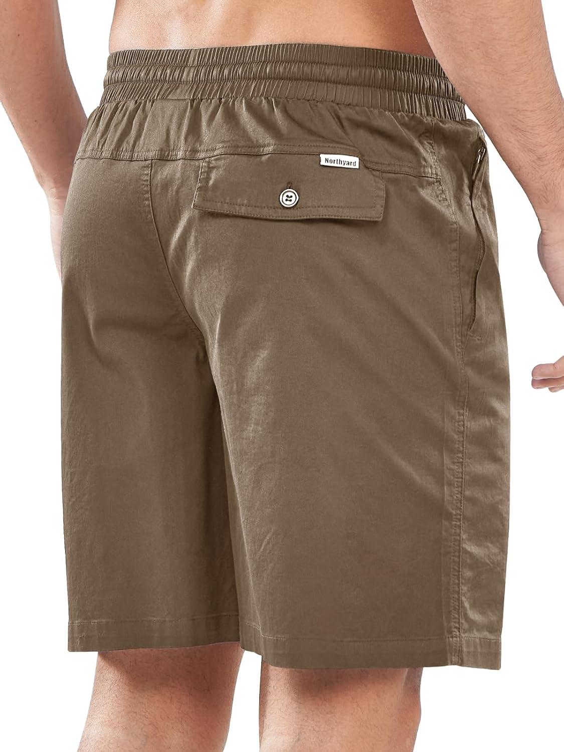 imageNORTHYARD Mens Casual ShortsCotton 9quot Golf Hiking Drawstring Elastic Waist Work Shorts with Zipper PocketsDeepkhaki