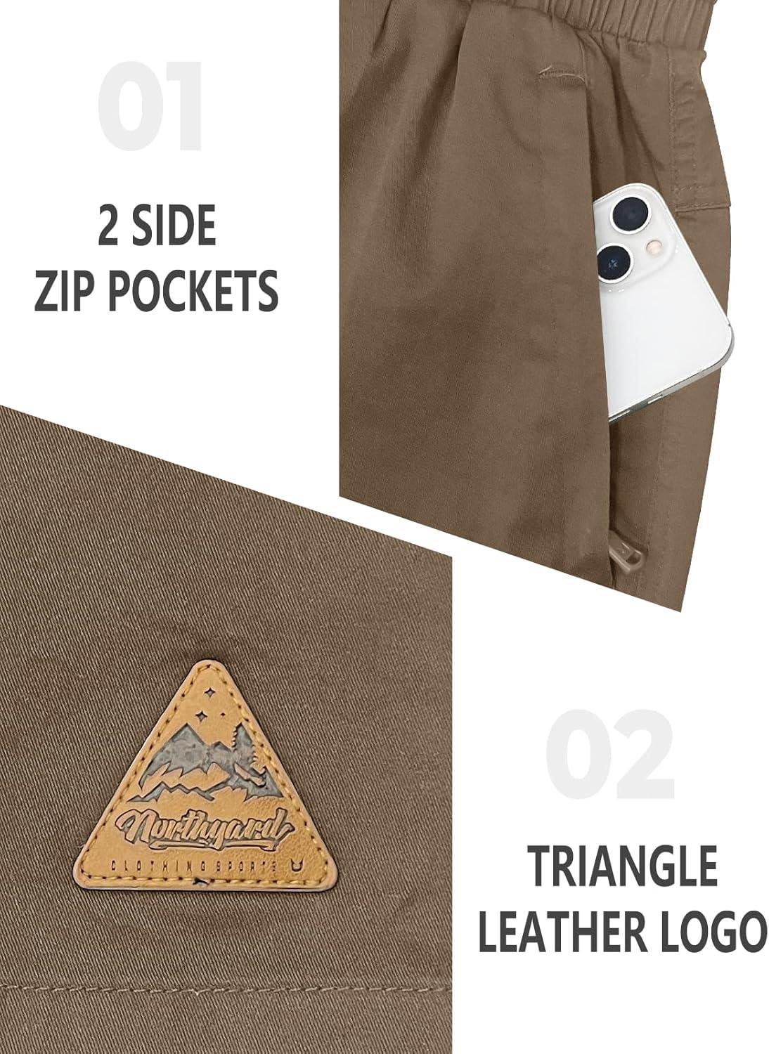 imageNORTHYARD Mens Casual ShortsCotton 9quot Golf Hiking Drawstring Elastic Waist Work Shorts with Zipper PocketsDeepkhaki