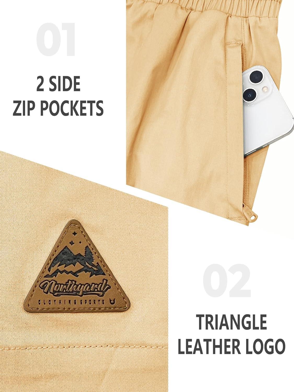 imageNORTHYARD Mens Casual ShortsCotton 9quot Golf Hiking Drawstring Elastic Waist Work Shorts with Zipper PocketsLightkhaki
