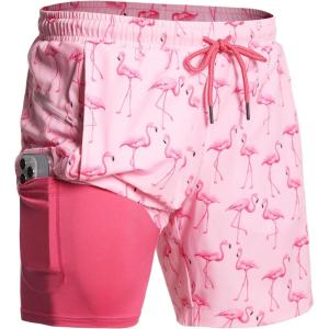 image:imageNORTHYARD Mens Swim Trunks 2 in 1 Swimsuit Swim Shorts Quick Dry 7 Board Short Beach Bathing Swimming Swimwear with PocketsFlamingo