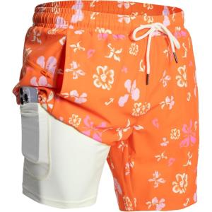 image:imageNORTHYARD Mens Swim Trunks 2 in 1 Swimsuit Swim Shorts Quick Dry 7 Board Short Beach Bathing Swimming Swimwear with PocketsOrangeflower